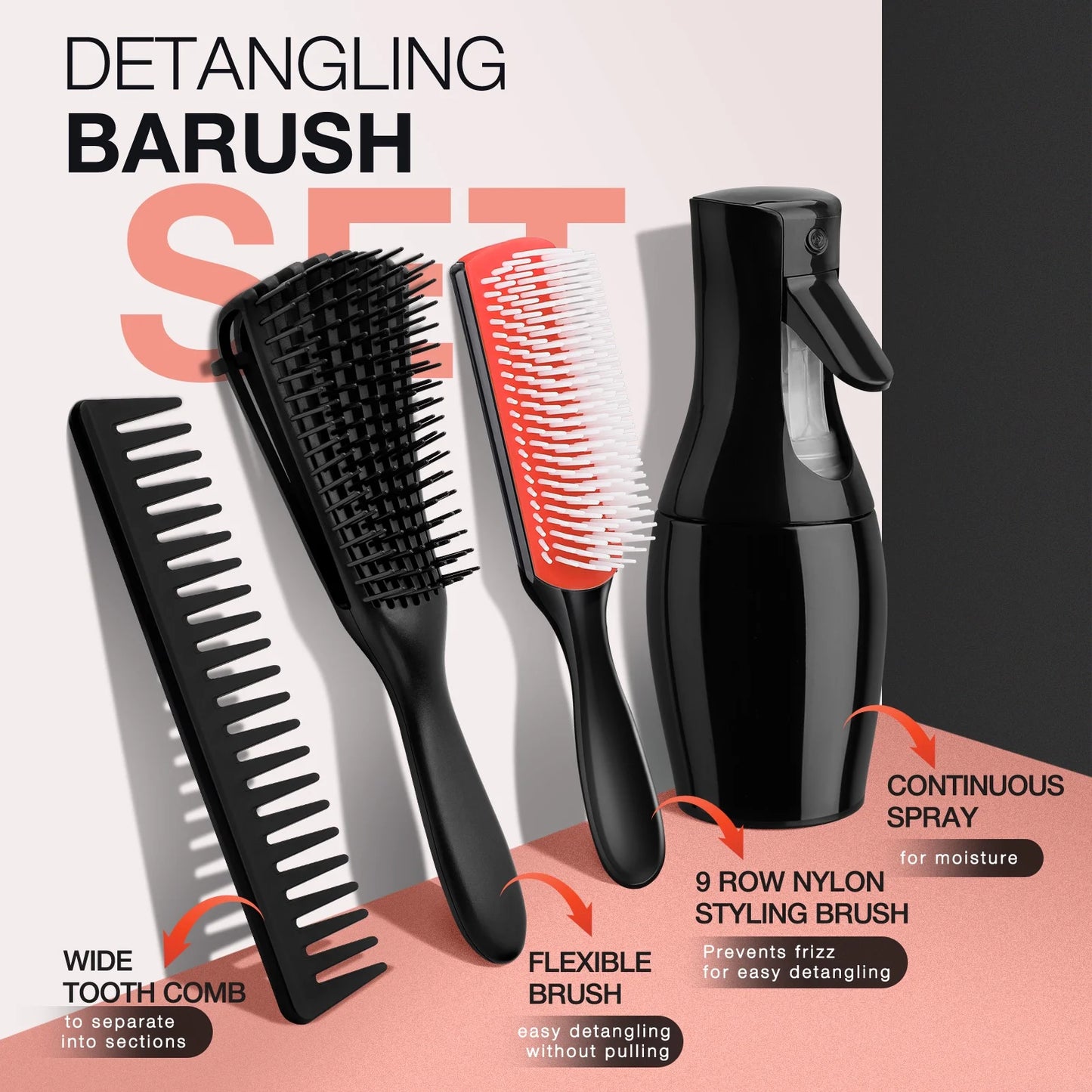 4Pcs Detangling Brush Set Getting Shine and Makes Hair Smooth, Curly Hair Brush anti Static Massage Comb Hair Styling Tools for Adult & Kids Wet or Dry Hair (4 PCS, Black+Red)