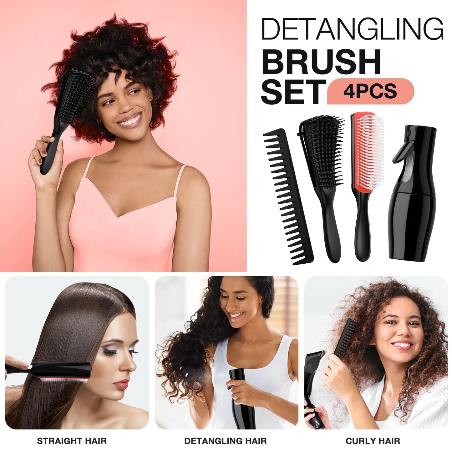 4Pcs Detangling Brush Set Getting Shine and Makes Hair Smooth, Curly Hair Brush anti Static Massage Comb Hair Styling Tools for Adult & Kids Wet or Dry Hair (4 PCS, Black+Red)