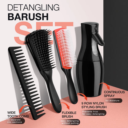 4Pcs Detangling Brush Set Getting Shine and Makes Hair Smooth, Curly Hair Brush anti Static Massage Comb Hair Styling Tools for Adult & Kids Wet or Dry Hair (4 PCS, Black+Red)
