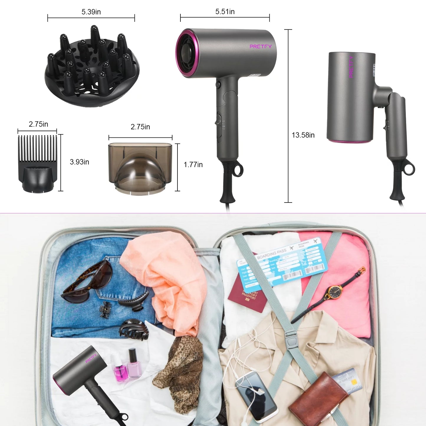 2000W Professional Ionic Hair Dryer with Diffuser, Professional Foldable Blow Dryer with 2 Speed 3 Heat Setting for Home, Travel, Salon (Gray)