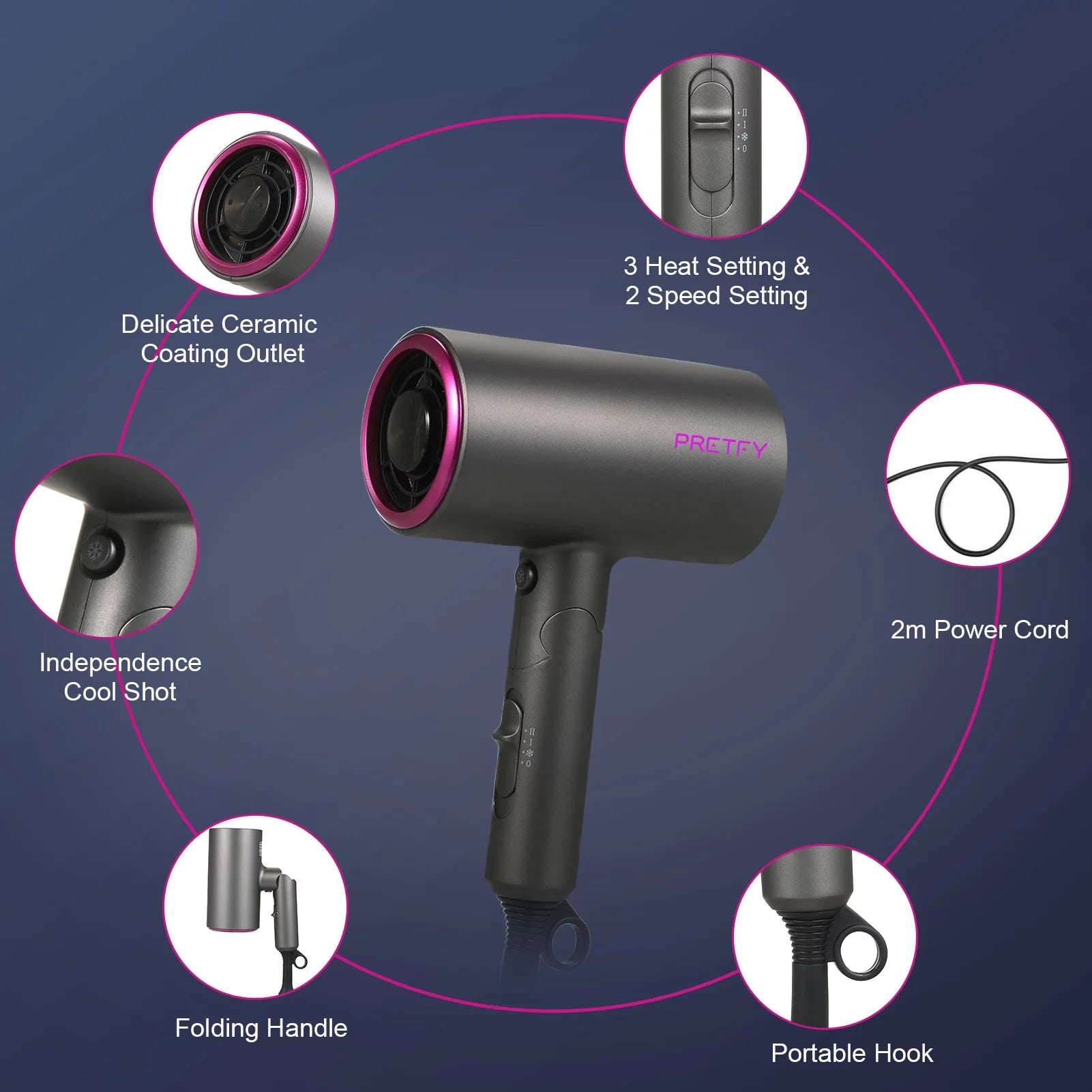 2000W Professional Ionic Hair Dryer with Diffuser, Professional Foldable Blow Dryer with 2 Speed 3 Heat Setting for Home, Travel, Salon (Gray)