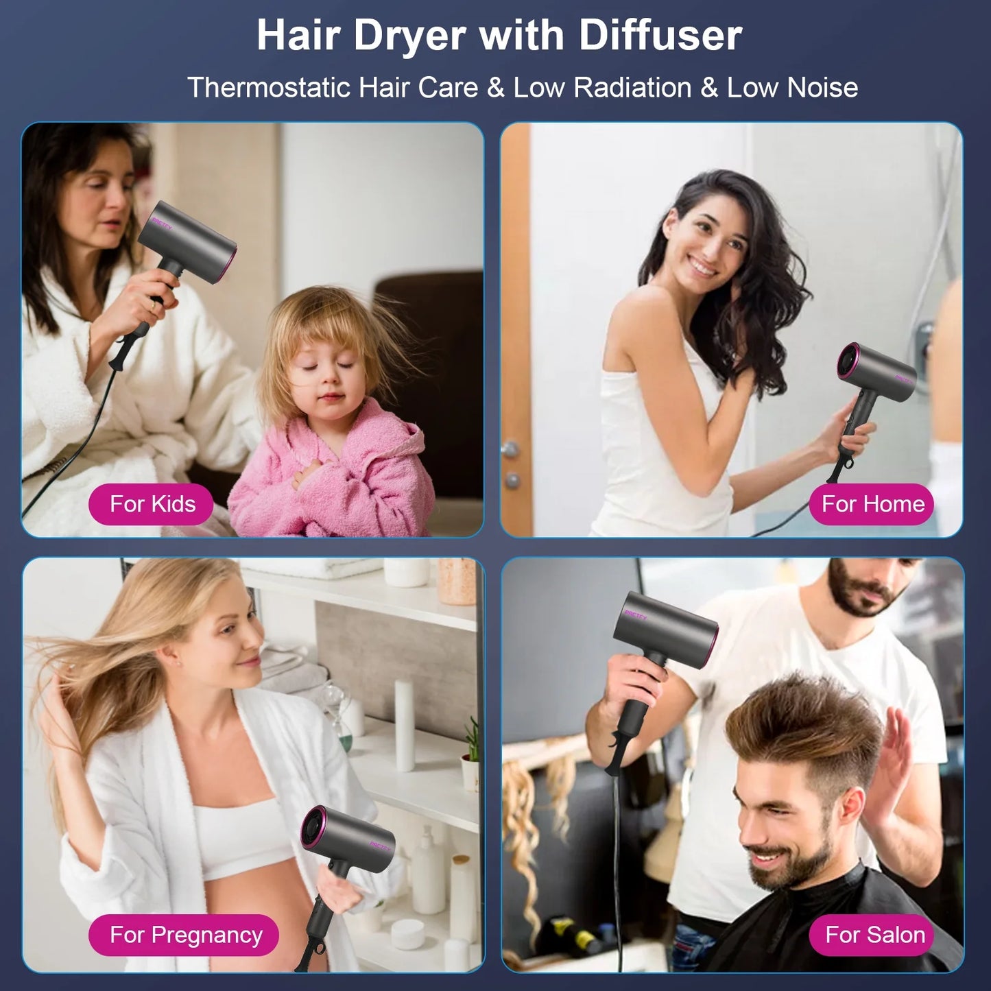 2000W Professional Ionic Hair Dryer with Diffuser, Professional Foldable Blow Dryer with 2 Speed 3 Heat Setting for Home, Travel, Salon (Gray)